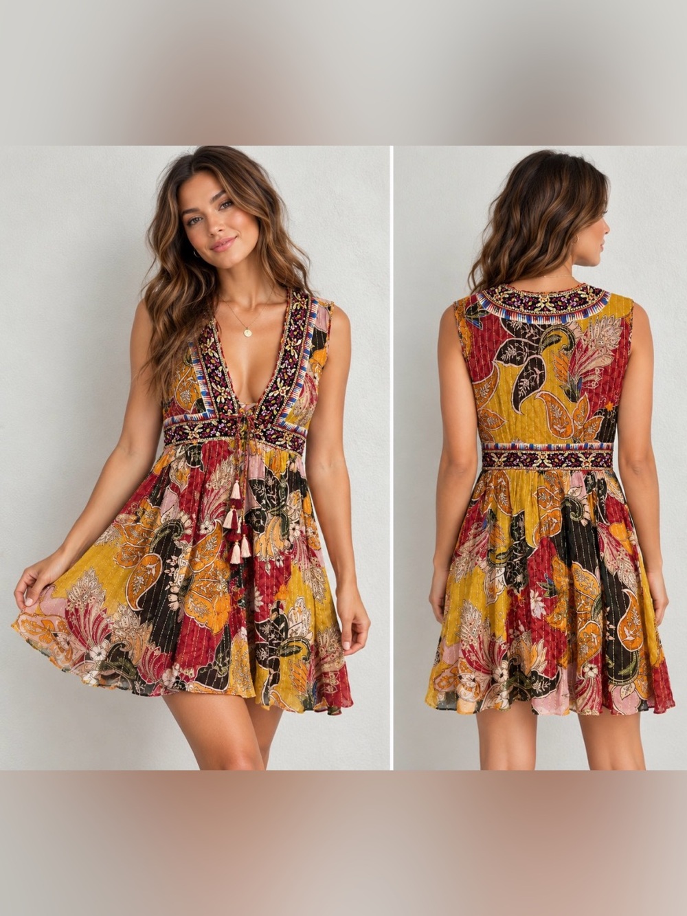 Anthropologie Verb Embroidered Patchwork Mini Dress in Mustard, Pink Olive 18x34